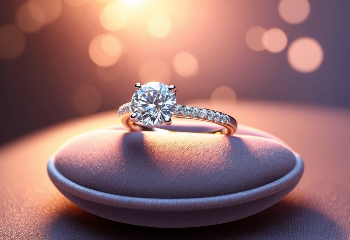 A sparkling engagement ring rests on a velvet cushion under soft, warm lighting