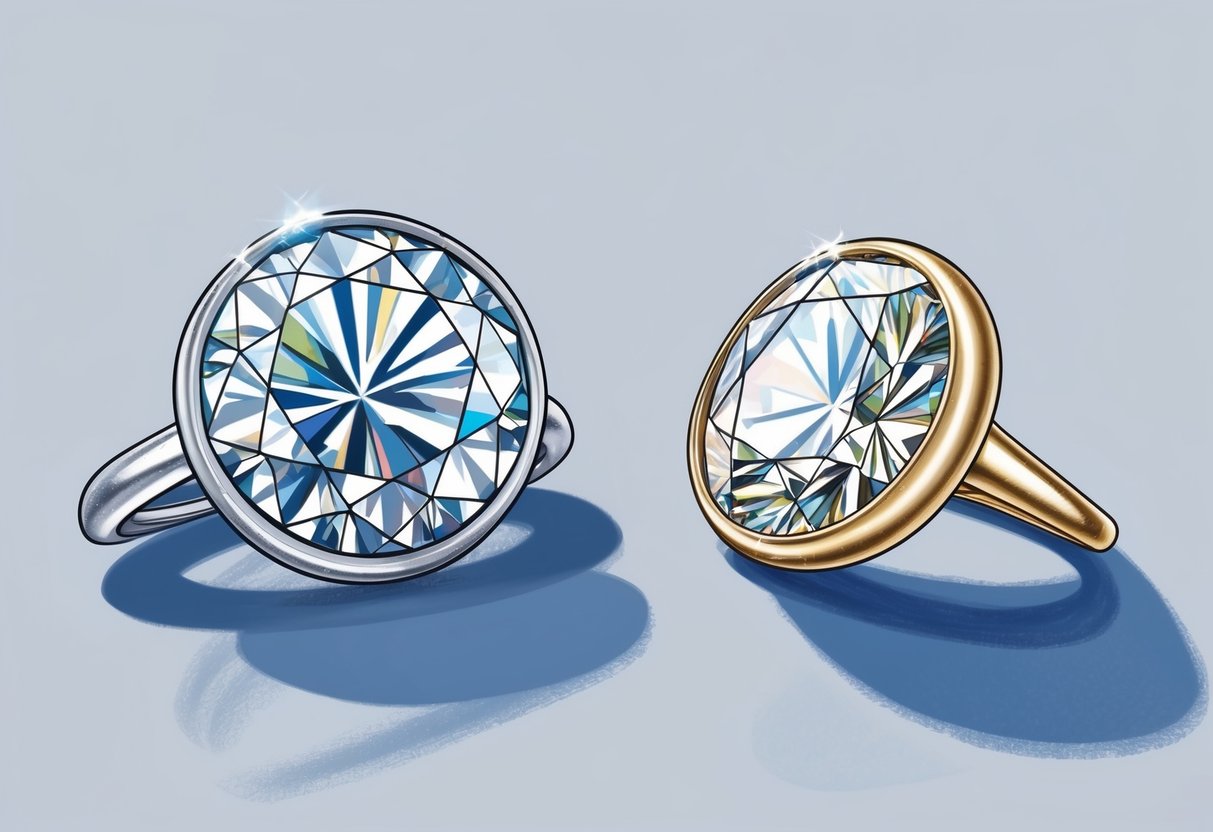 A lab-grown diamond is shown next to a natural diamond, both set in a ring. The lab-grown diamond is depicted as shining brightly with no signs of wear, while the natural diamond shows some signs of aging