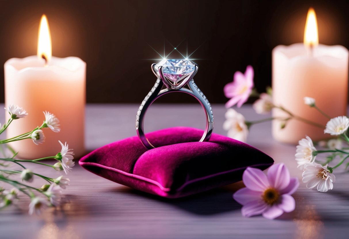 A sparkling diamond ring on a velvet cushion, surrounded by soft candlelight and delicate flowers