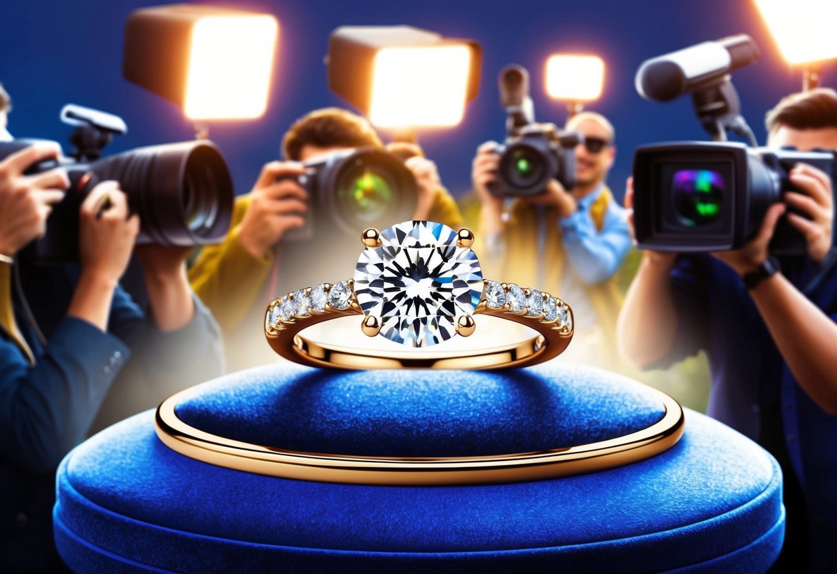 A close-up of a diamond engagement ring on a velvet cushion, surrounded by flashing cameras and paparazzi