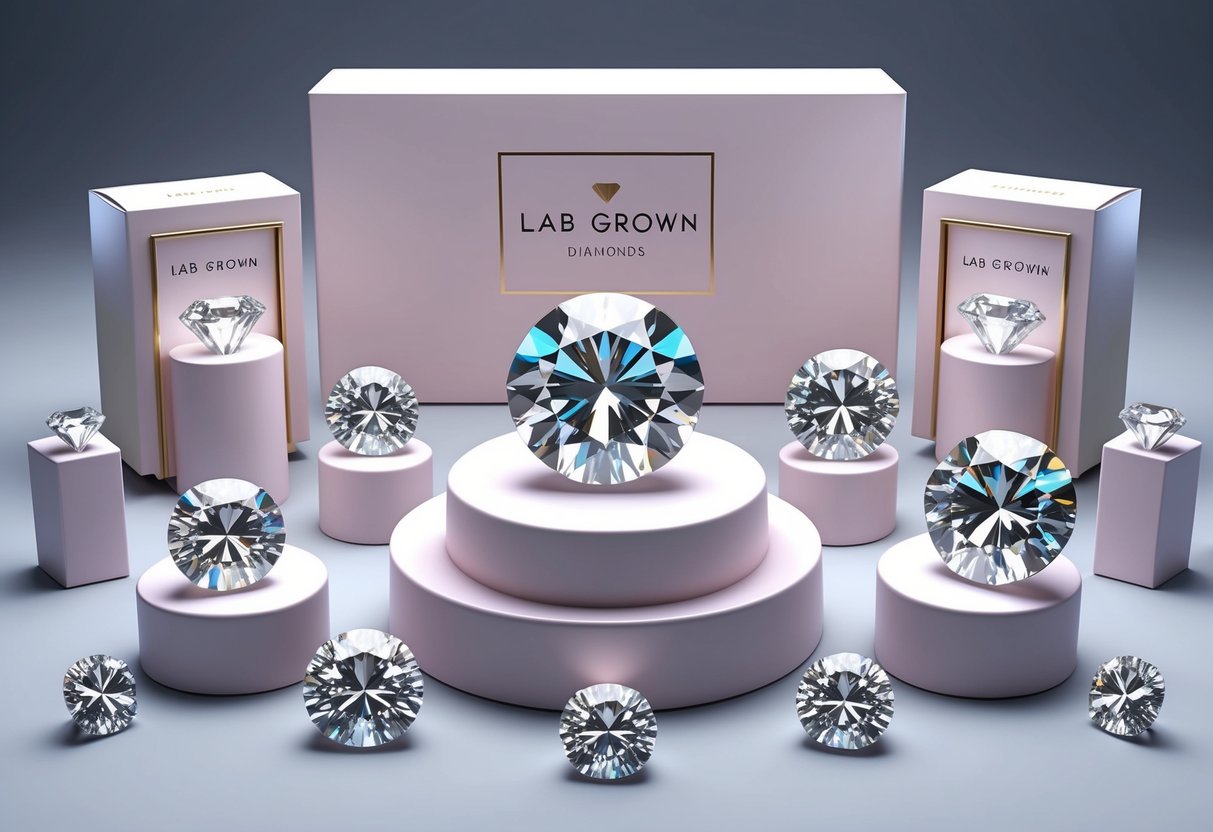 A display of lab grown diamonds in various shapes and sizes, surrounded by elegant and modern packaging