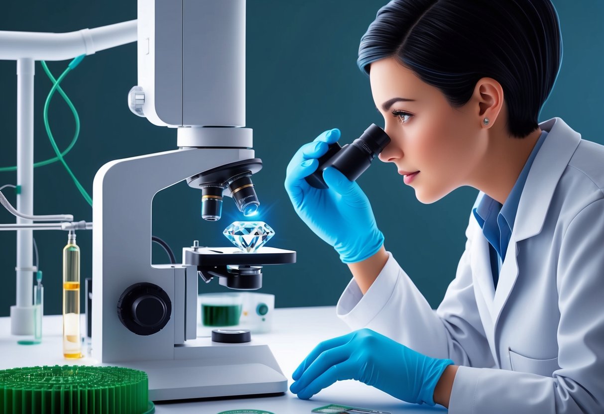 A lab technician carefully inspects a sparkling lab-grown diamond under a microscope, surrounded by sustainable and eco-friendly production equipment