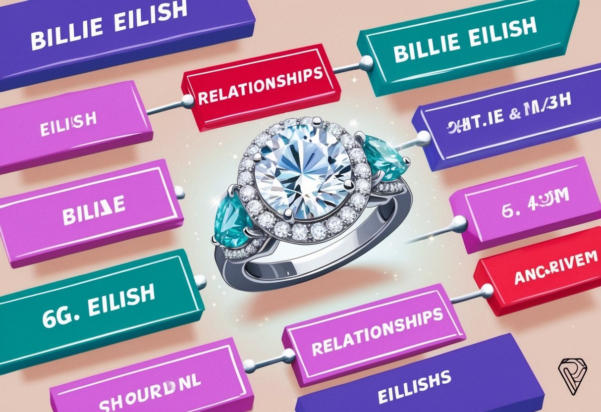 A sparkling engagement ring surrounded by a timeline of Billie Eilish's past relationships