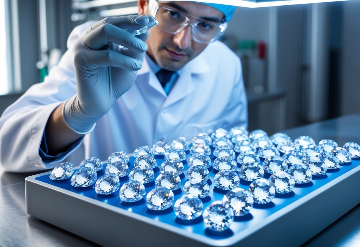 A lab technician carefully inspects a tray of gleaming lab-grown diamonds under bright, sterile lighting