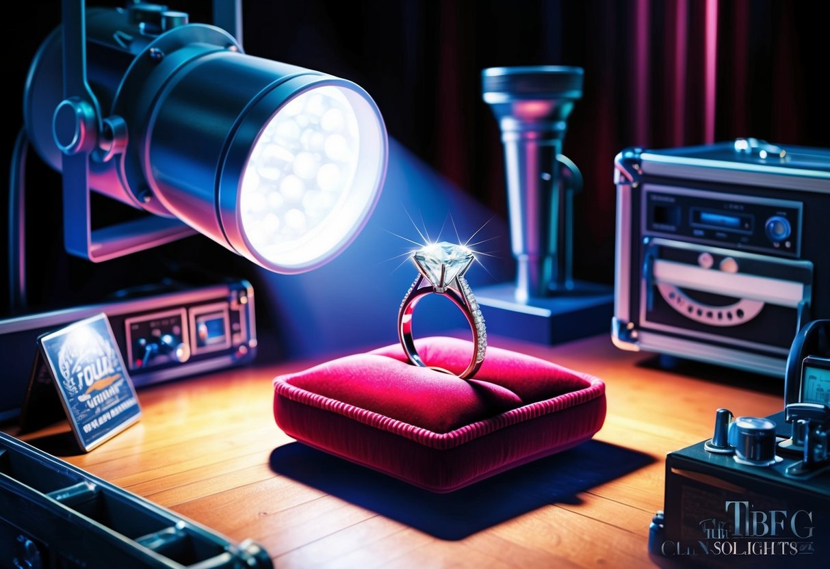 A spotlight illuminates a sparkling diamond ring on a velvet cushion, surrounded by stage equipment and tour memorabilia