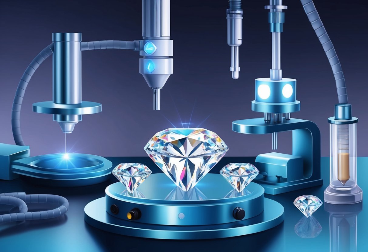 A lab setting with advanced equipment and machinery creating flawless diamonds