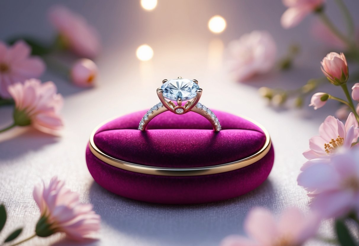 A sparkling diamond ring sits on a velvet cushion, surrounded by soft lighting and delicate floral accents