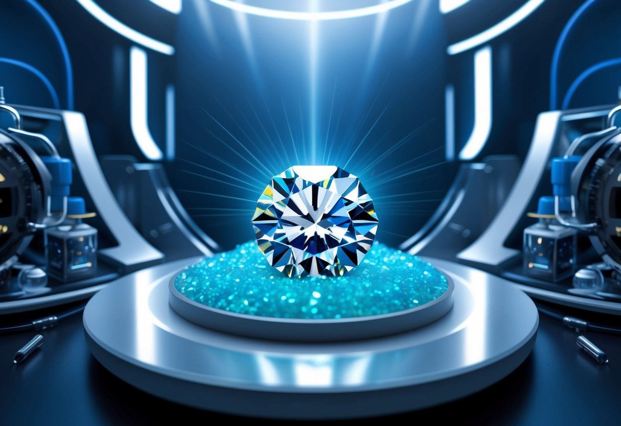 A sparkling lab-grown diamond nestled in a futuristic display, surrounded by advanced technology and scientific equipment, symbolizing the endless potential of synthetic diamonds