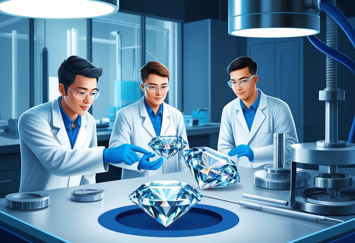 A laboratory setting with technicians observing and analyzing the growth of large, high-quality lab-grown diamonds using advanced equipment and technology