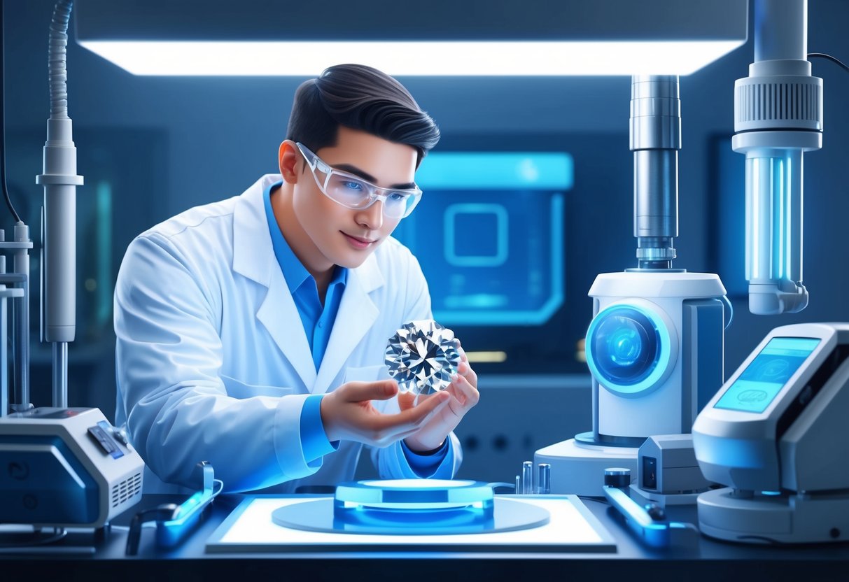 A lab technician carefully inspects a gleaming lab-grown diamond under bright white lights, surrounded by high-tech equipment and futuristic machinery