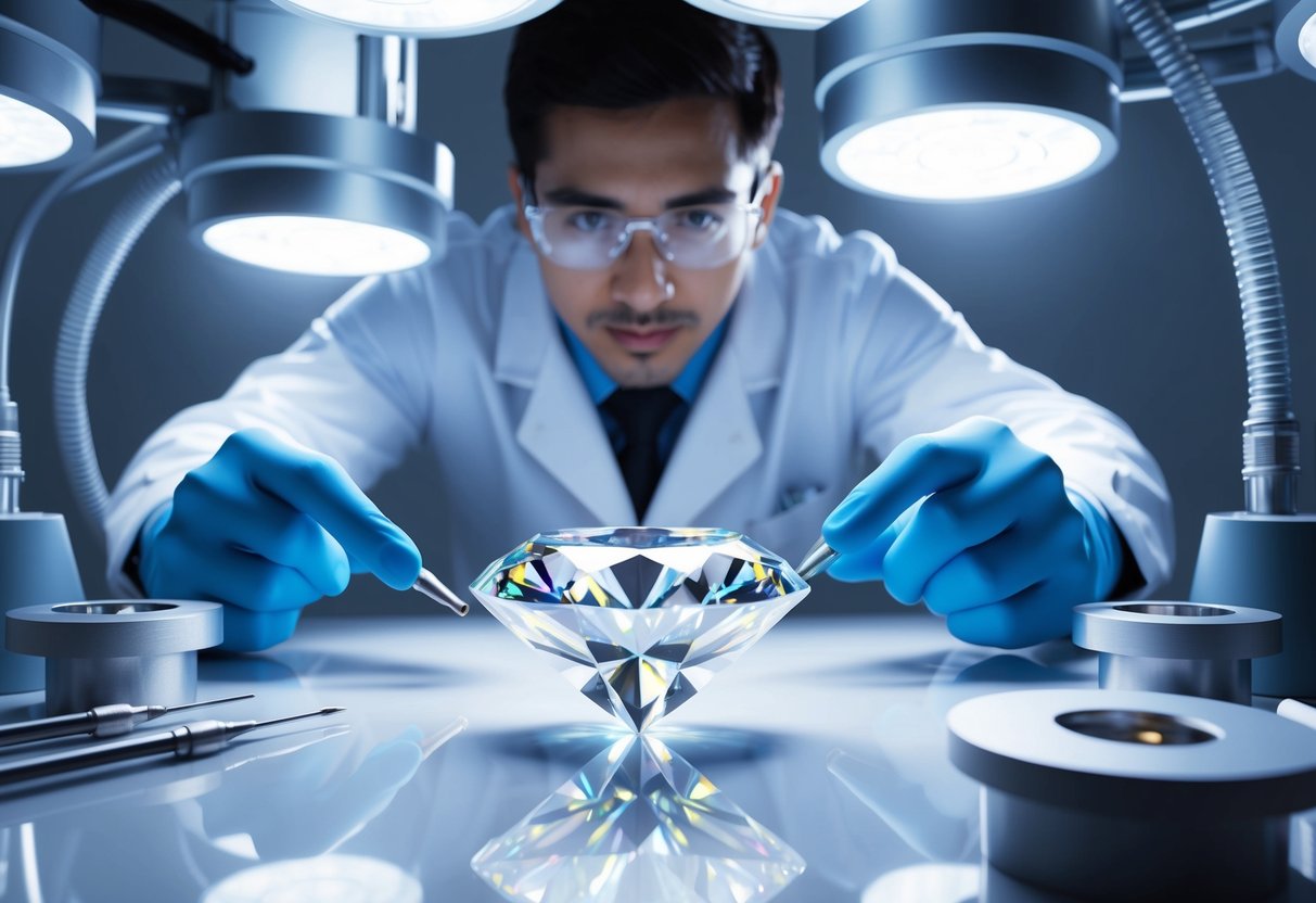 A lab technician carefully inspects a gleaming lab-grown diamond under bright lights, surrounded by high-tech equipment and futuristic tools