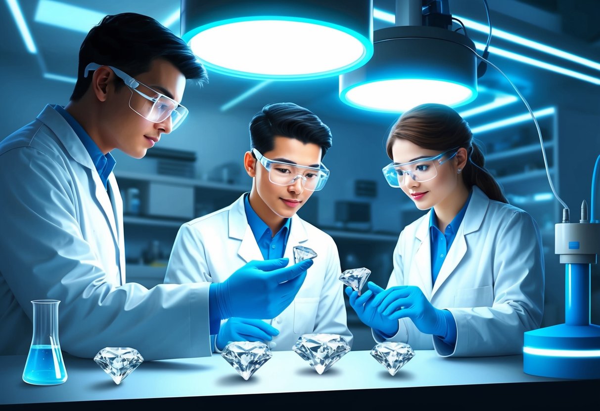 A lab setting with scientists examining diamond samples under bright lights and futuristic equipment