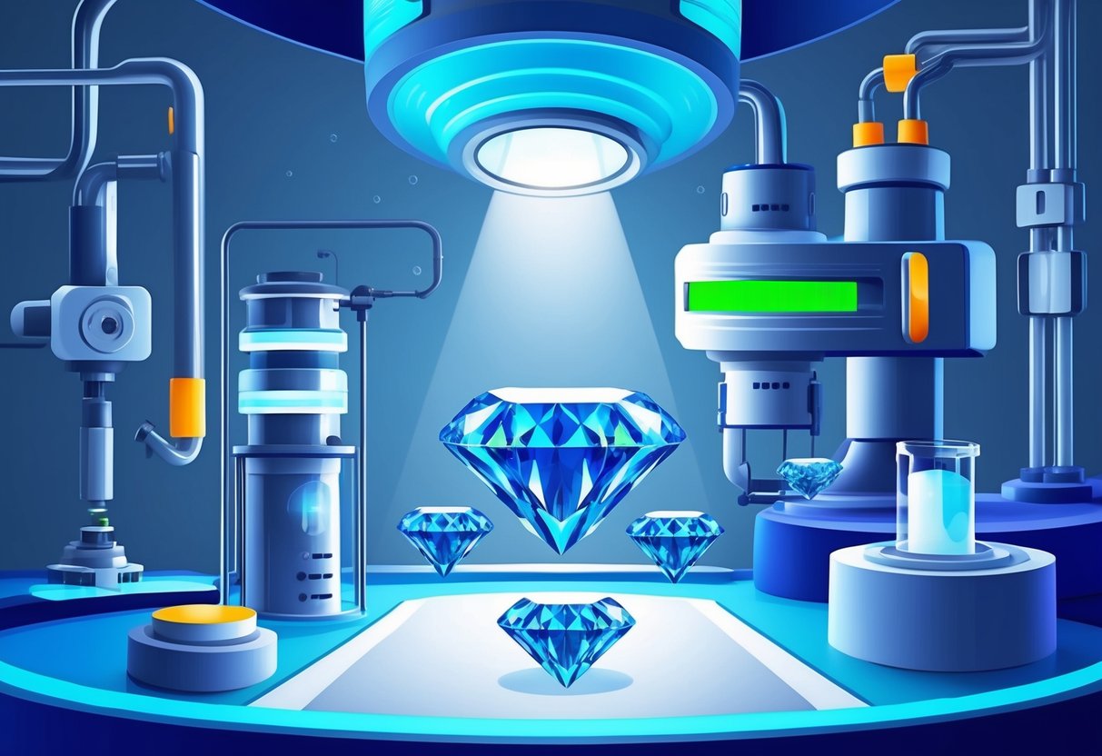 A lab setting with advanced equipment and futuristic technology, showcasing the process of creating lab-grown diamonds