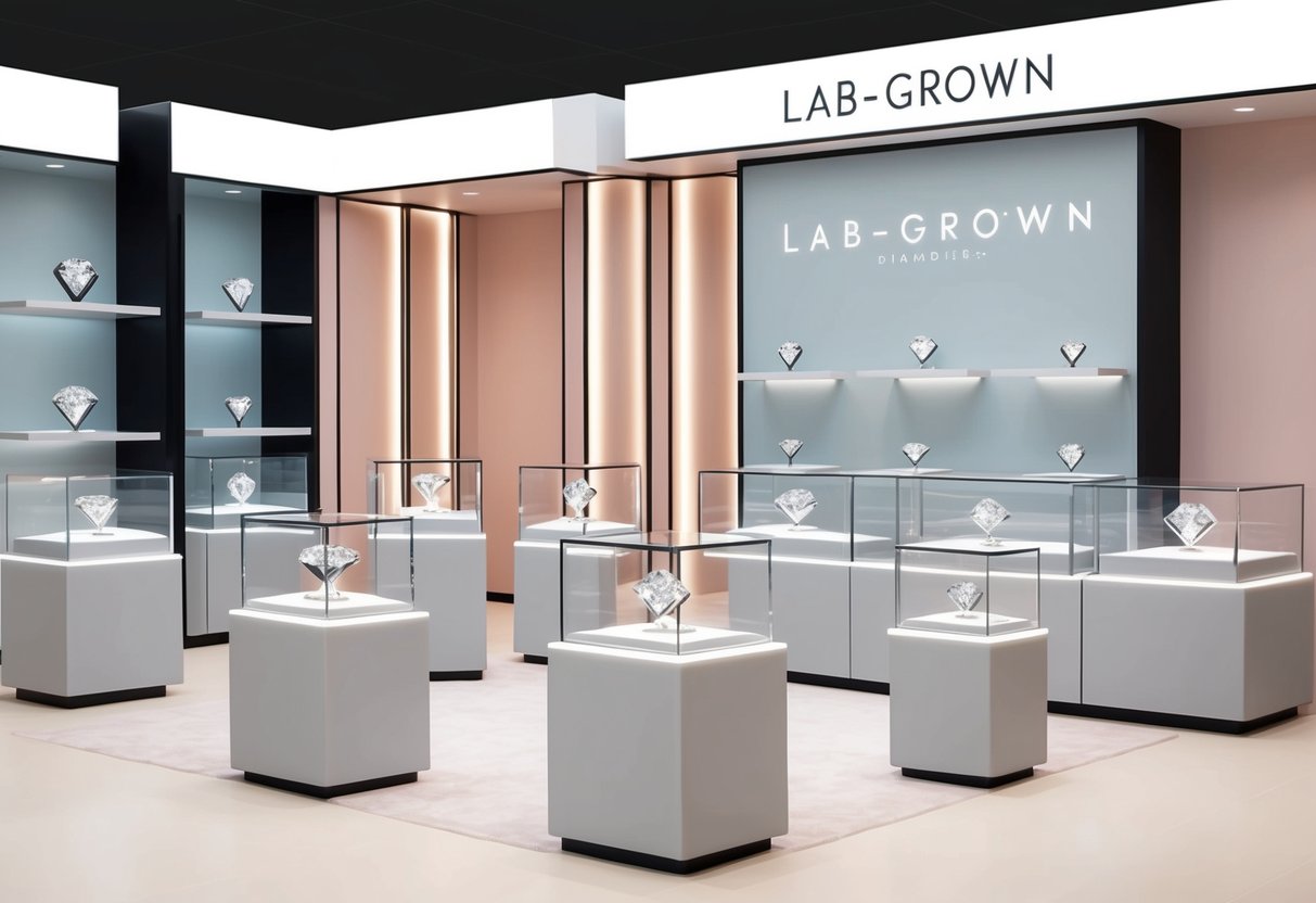 A modern jewelry store display featuring lab-grown diamonds in various settings, with sleek and minimalist design elements