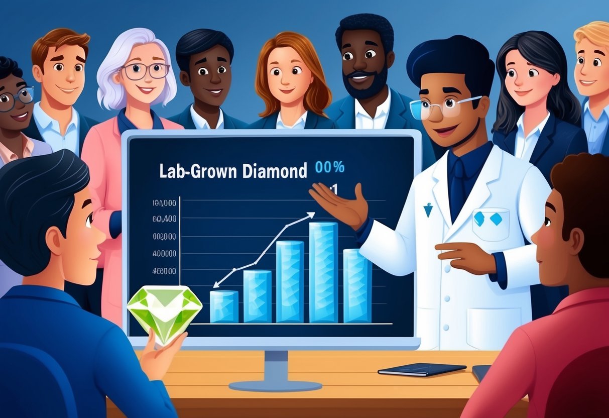 A scientist presenting a graph of lab-grown diamond production, surrounded by curious onlookers