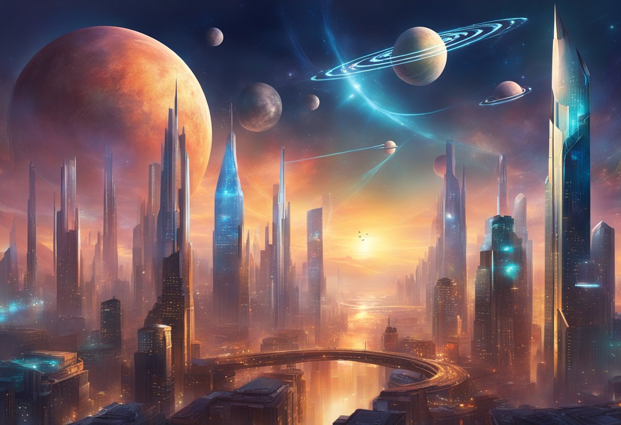 A futuristic city skyline with various office buildings and communication satellites, symbolizing the future of outsourcing