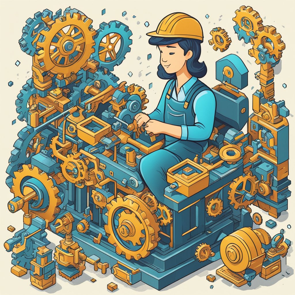 A small business owner tinkers with gears and cogs, transforming chaos into a well-oiled machine for marketing enablement