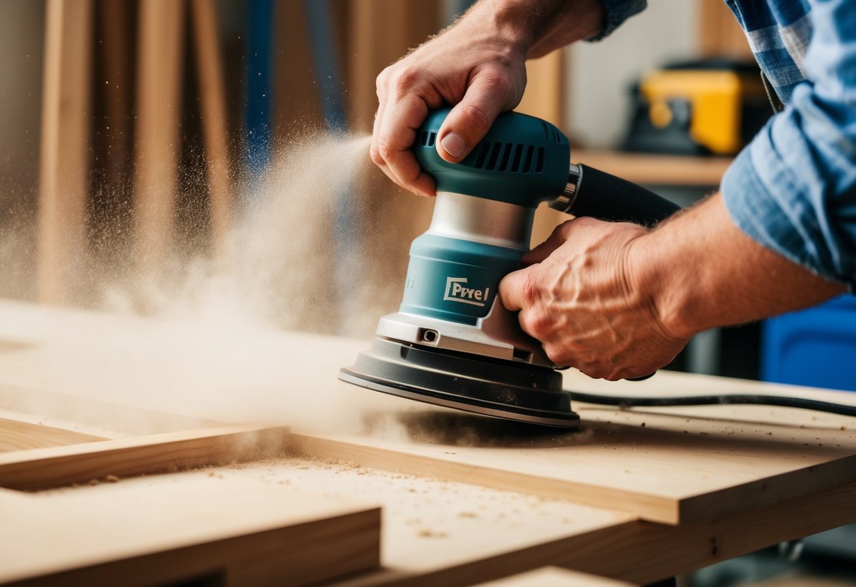 A detail sander delicately smooths intricate woodwork, creating a cloud of fine dust in a well-lit workshop