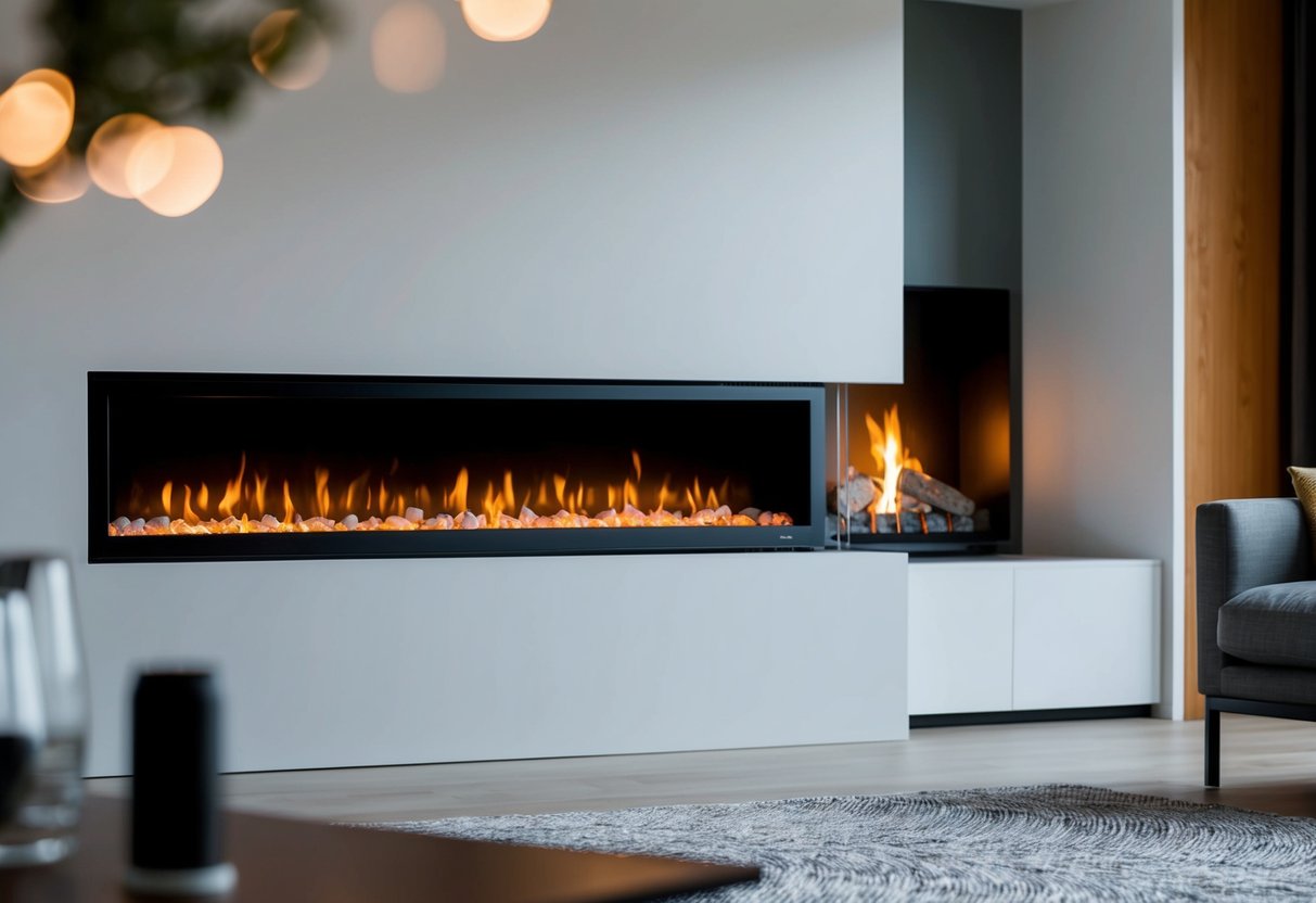 A modern electric fireplace with a sleek design and aesthetic appeal, set against a backdrop of a cozy living room with a crackling fire