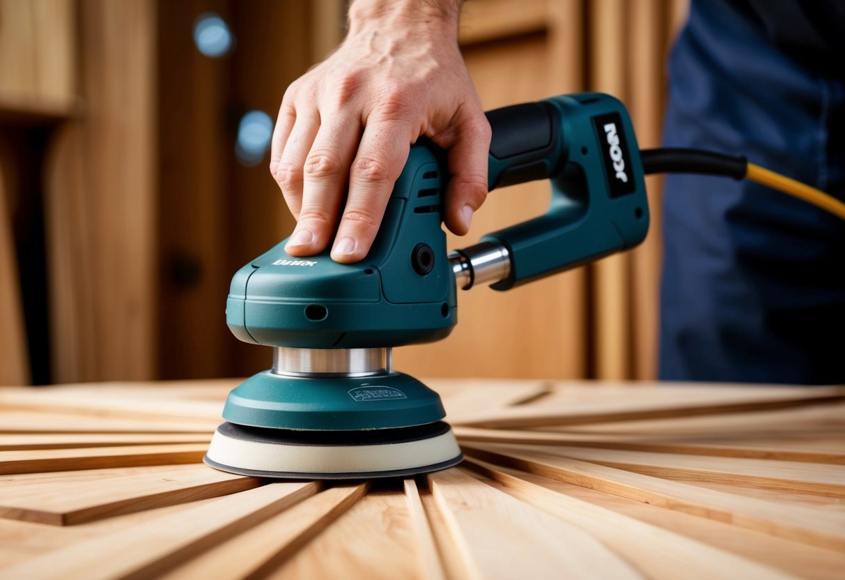 A hand-held detail sander meticulously smoothing intricate woodwork with precision and finesse