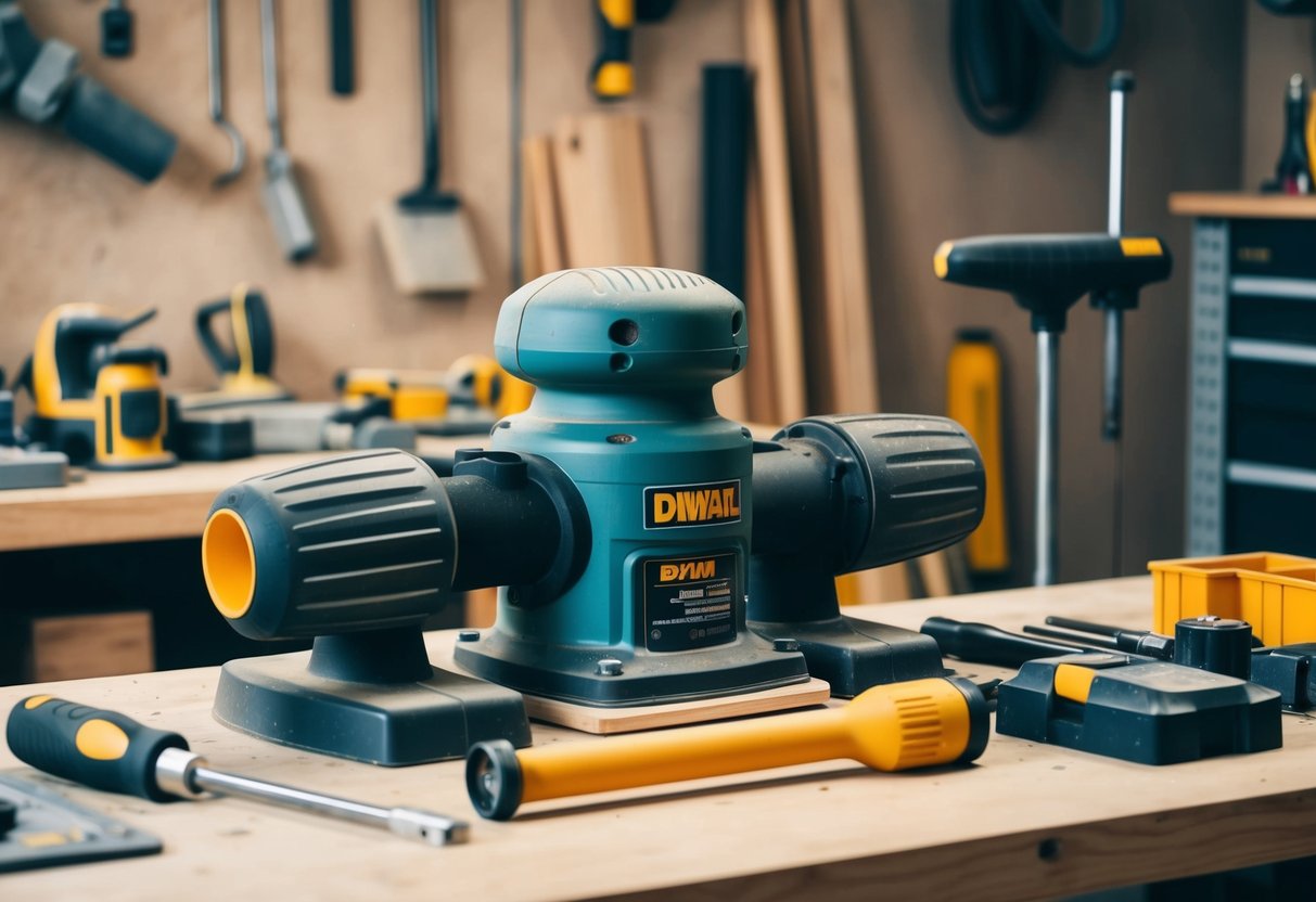 A well-organized workbench with a detailed sander, dust collection system, and neatly arranged tools