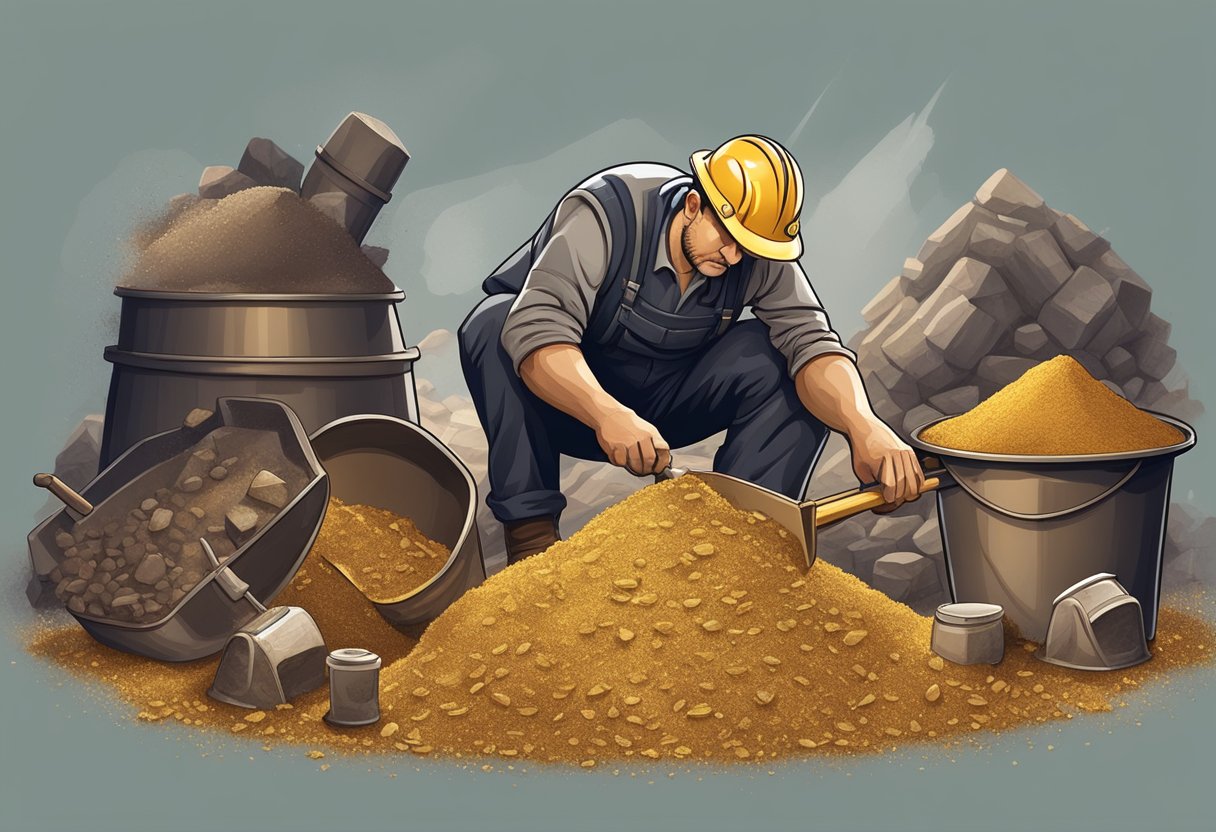 A miner sifting through a pile of golden paydirt, with a shovel and mining tools nearby