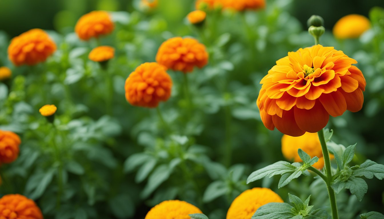 A vibrant red tomato sits 12 feet from orange and yellow marigold blooms, against lush green foliage