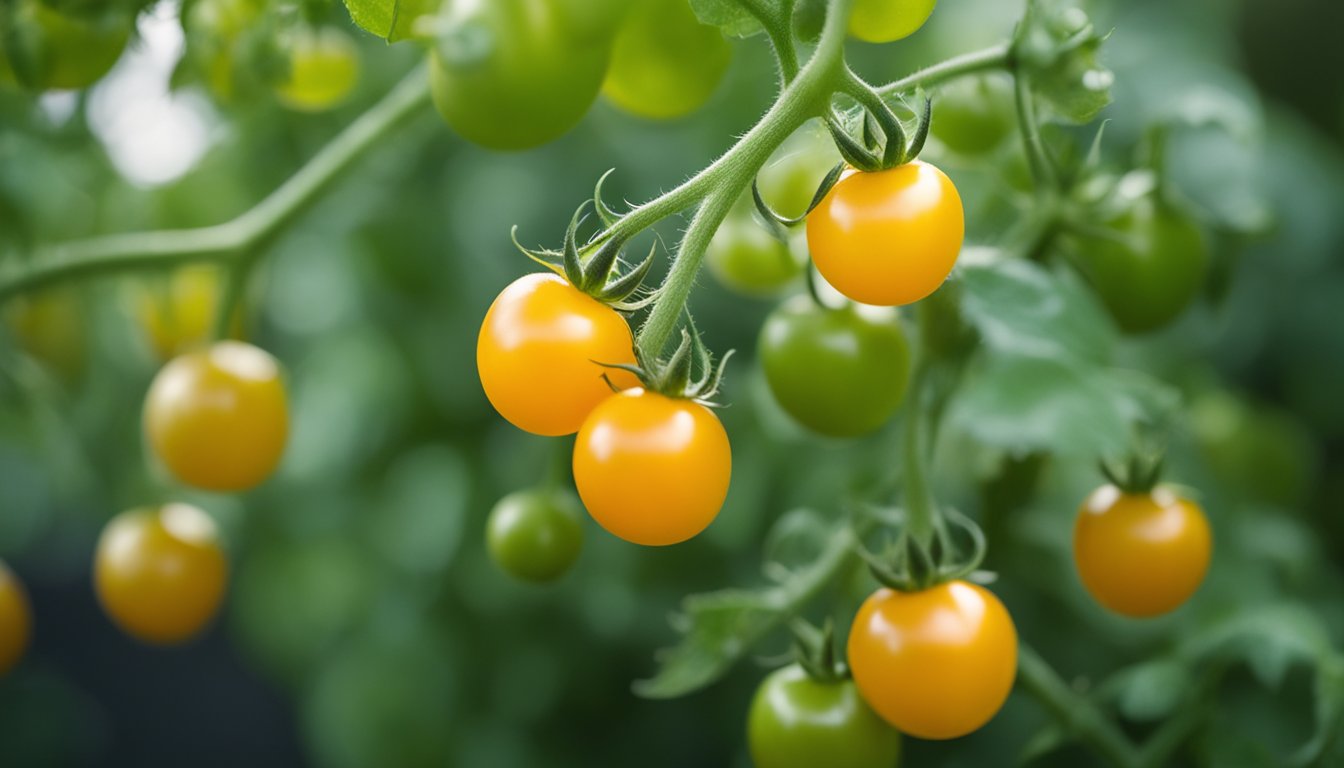 A close-up of a ripening tomato branch with small yellow cherry tomatoes, set against a soft bokeh effect highlighting the garden's natural harmony