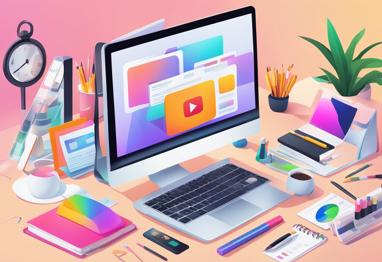 A brightly lit computer screen with a YouTube channel logo, surrounded by a desk cluttered with makeup products and business documents