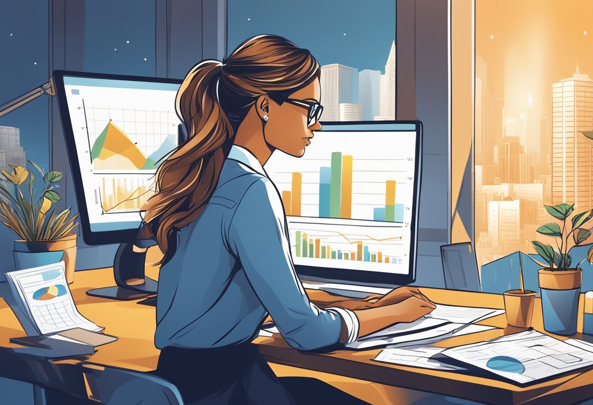 A woman sits confidently at a desk, surrounded by financial charts and graphs. A bright light shines down on her as she analyzes data and makes strategic decisions