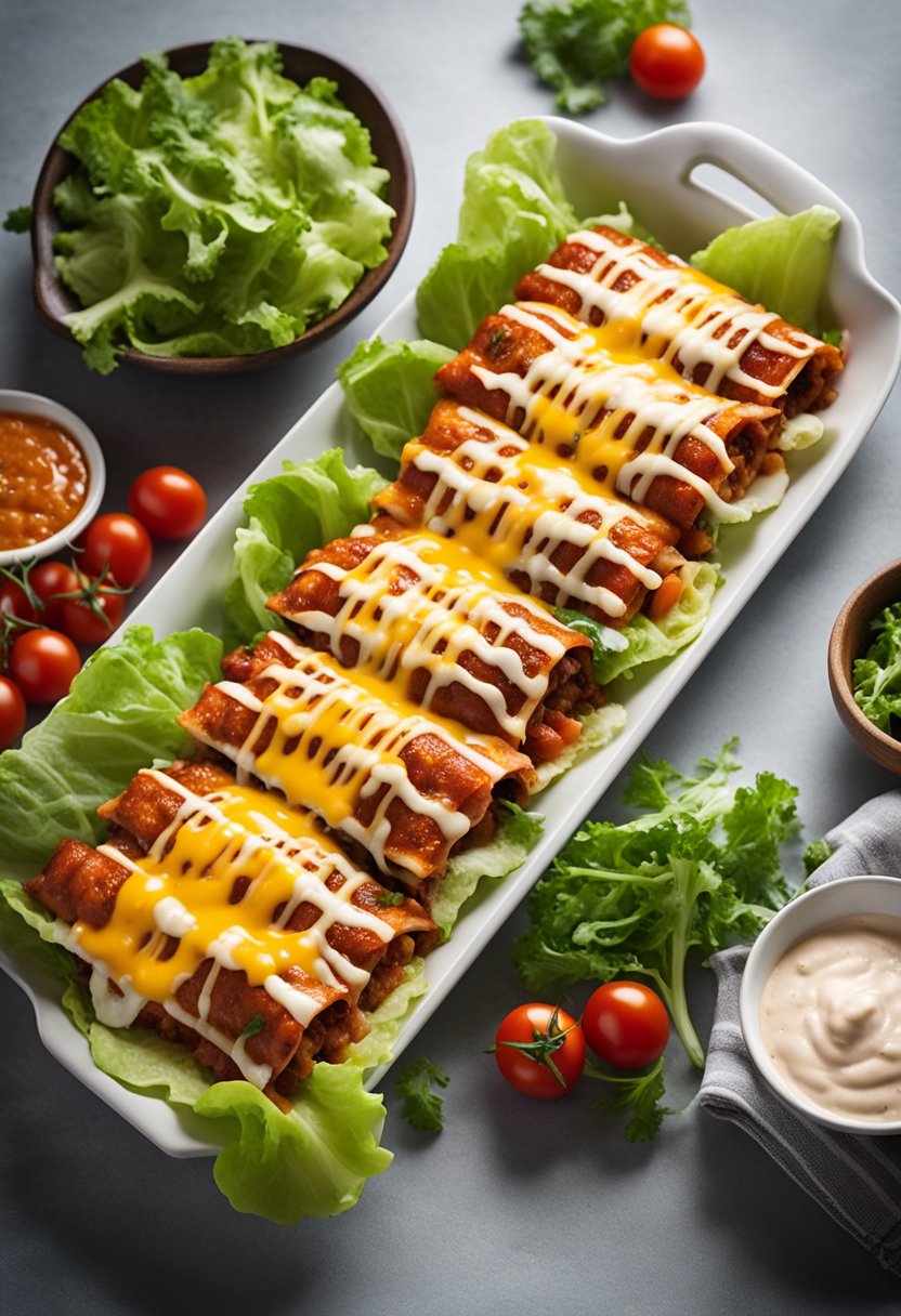 A colorful plate of keto enchiladas with a side of fresh lettuce and tomatoes, topped with melted cheese and a drizzle of red sauce