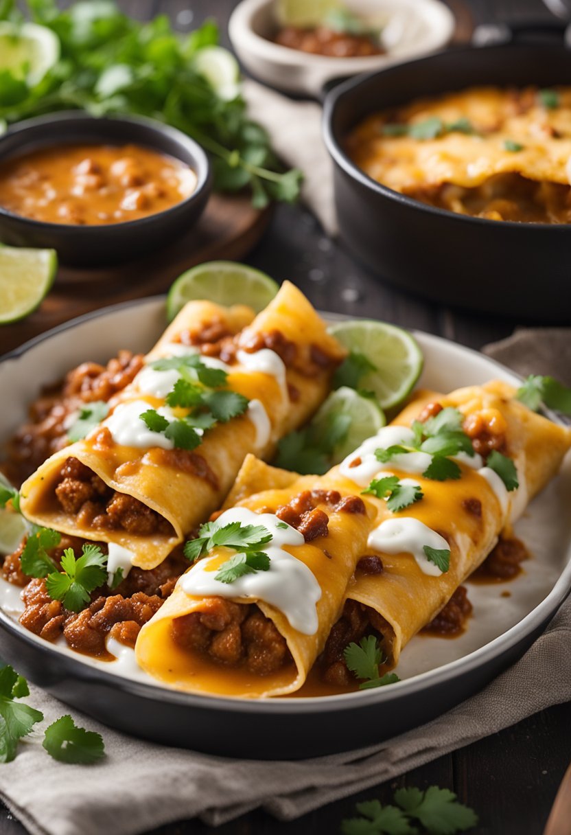 A table set with keto enchiladas, filled with seasoned meat, cheese, and low-carb tortillas, topped with a savory sauce and garnished with fresh cilantro