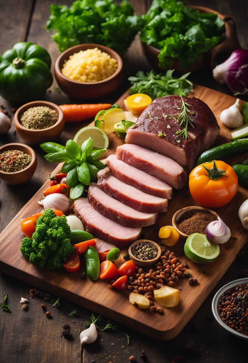 A variety of fresh vegetables and lean meats arranged on a wooden cutting board, with vibrant spices and herbs scattered around