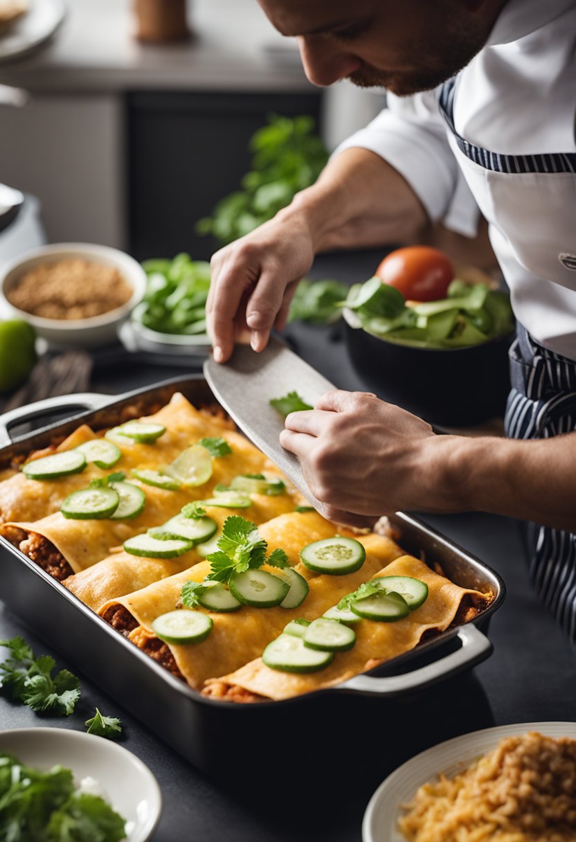 A chef assembling keto enchiladas with low-carb tortillas and filling, then baking in a casserole dish