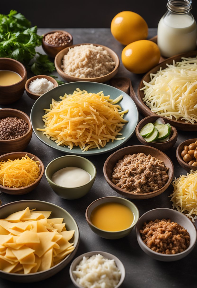 A colorful array of keto-friendly ingredients like shredded cheese, seasoned ground meat, and low-carb tortillas arranged on a clean, modern kitchen countertop