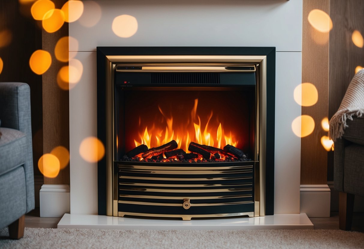 An electric fire and surround with flickering flames and cozy atmosphere