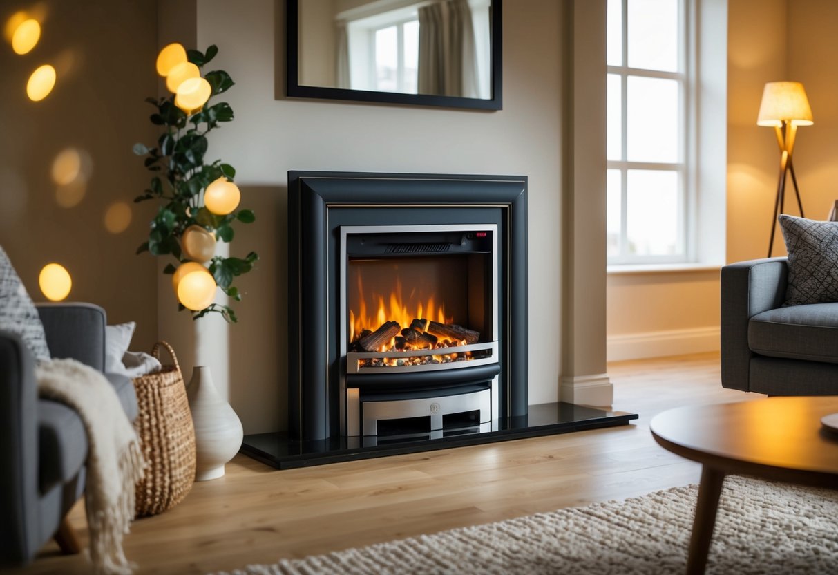 An electric fire and surround from popular brands and models, displayed in a modern living room with cozy furniture and warm lighting