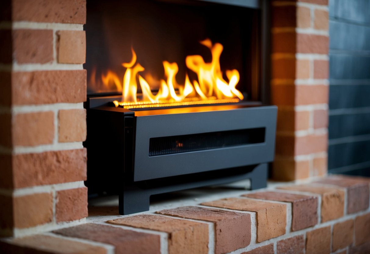 An electric fire insert is installed into an existing fireplace, emitting a warm, flickering glow against the backdrop of the brick or stone hearth