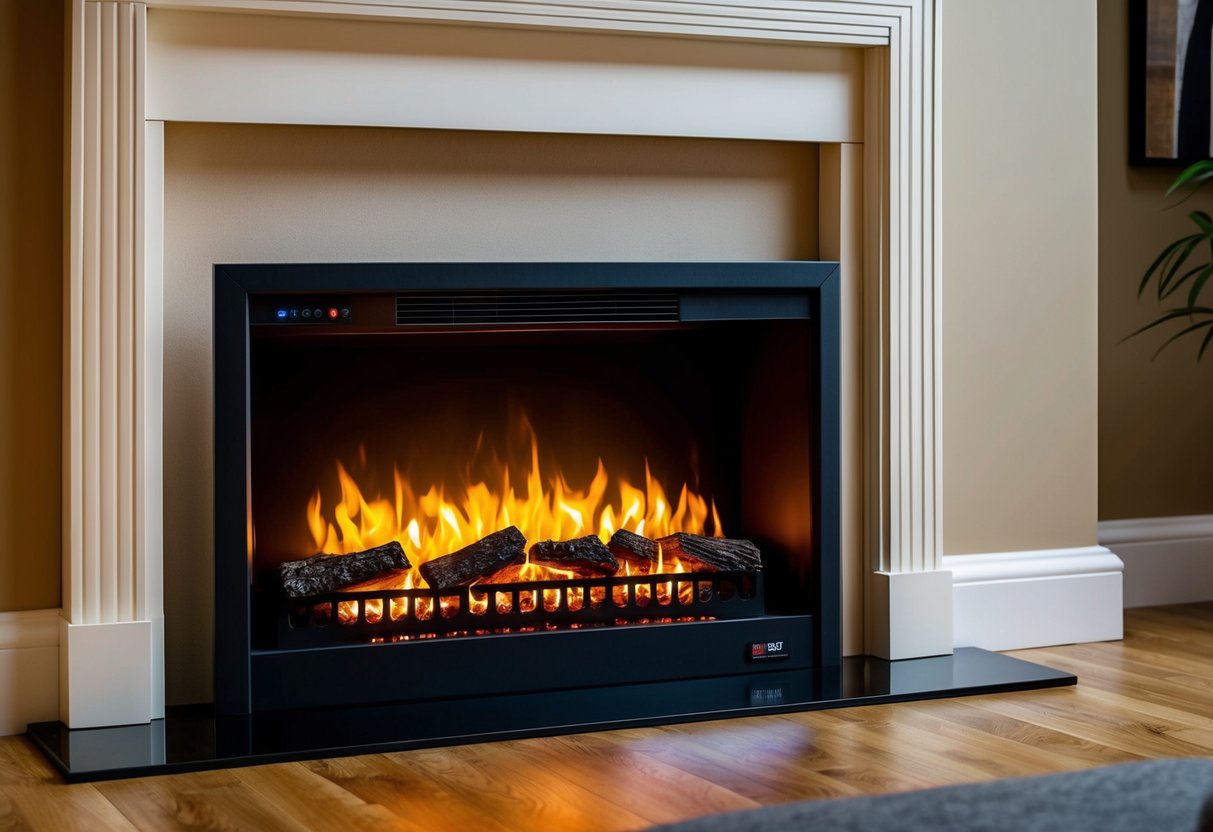 An electric fire insert fits snugly into a traditional fireplace, with easy-to-use controls and realistic flame effects