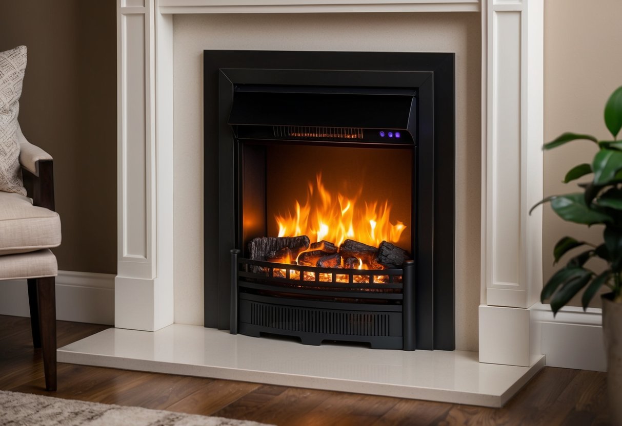 An electric fire insert seamlessly fits into an existing fireplace, emitting a warm, flickering glow with no smoke or mess