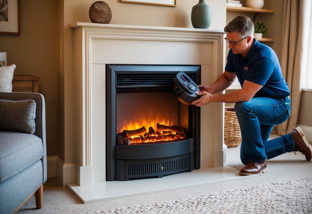 An electric fire insert being carefully selected and installed into an existing fireplace in a cozy home setting