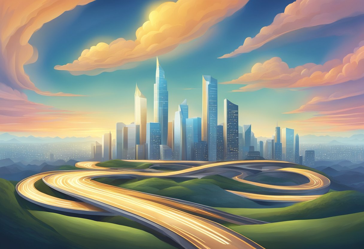 A winding road leads to a shining city skyline, symbolizing the journey to business success