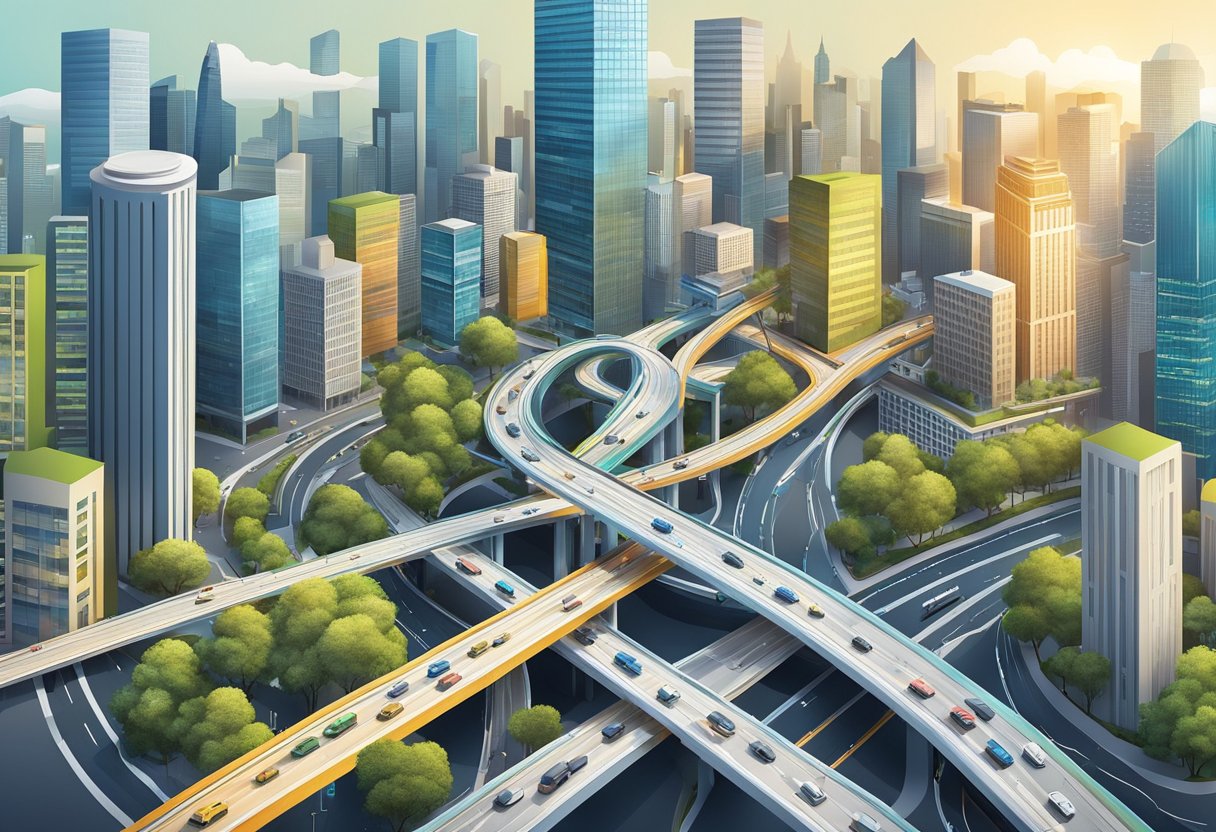 A bustling city skyline with a network of intertwining roads and pathways leading to various vibrant and modern office buildings