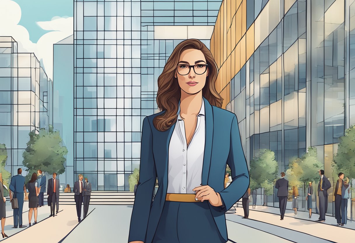 Elena Potoupa standing confidently in front of a modern office building, surrounded by successful business professionals