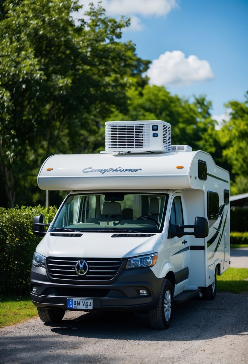 A compact RV parked in a lush campground, with a 12V air conditioner mounted on the roof, keeping the interior cool on a hot summer day