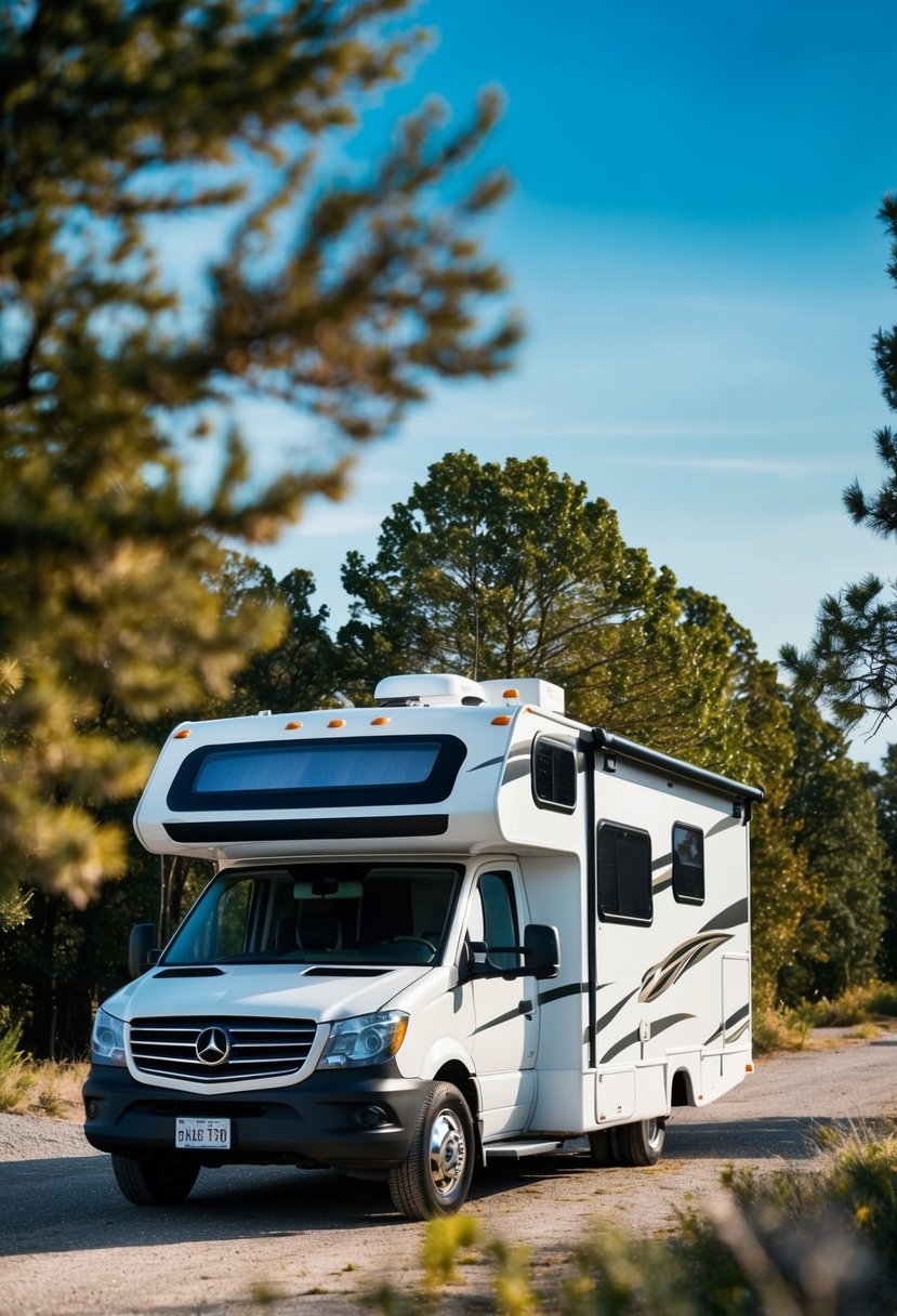 An RV parked in a scenic location with a 12V air conditioner mounted on the roof, surrounded by trees and a clear blue sky