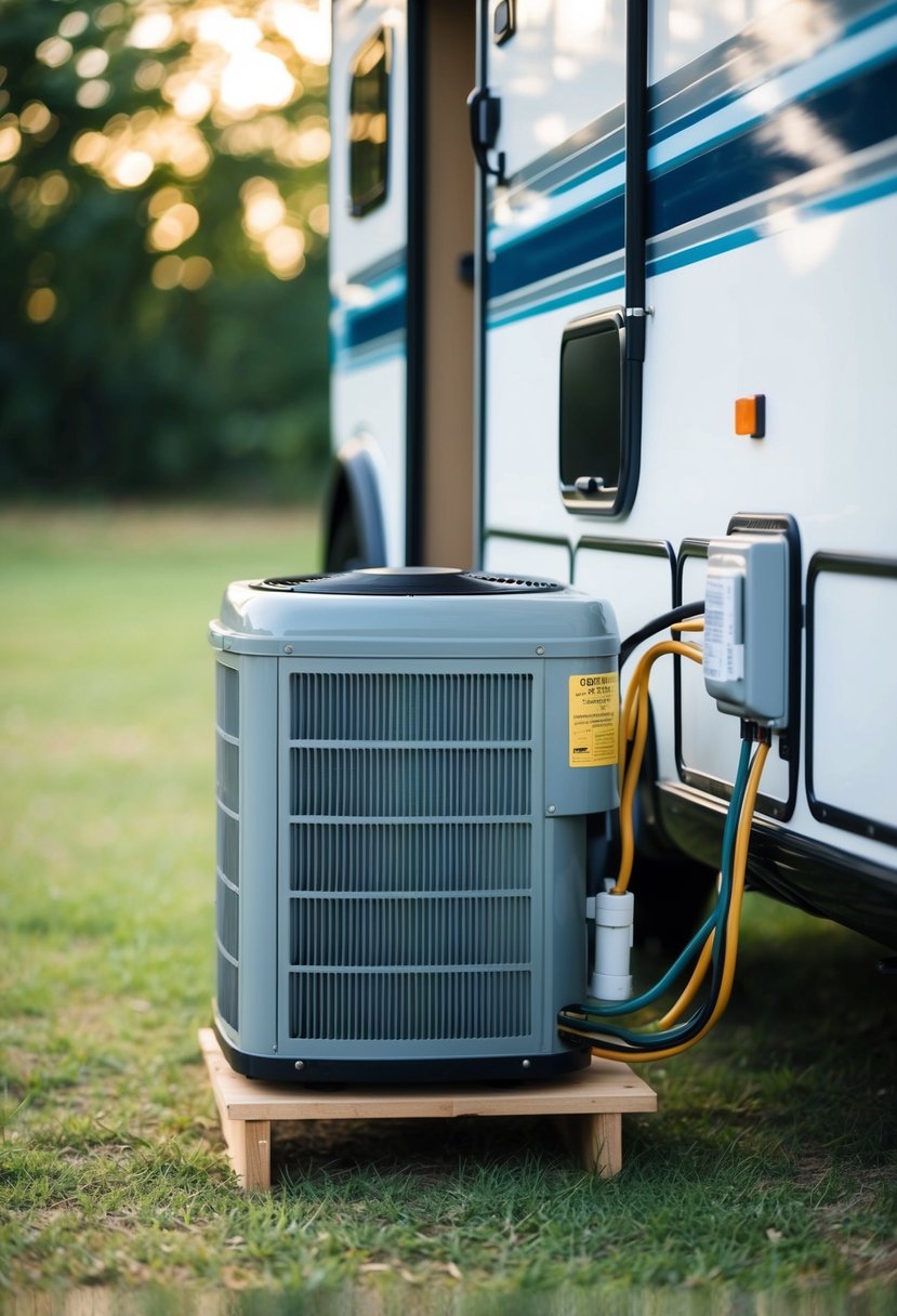 A 12V air conditioner unit connected to an RV, with a fan blowing cool air and a compressor running to cool the interior