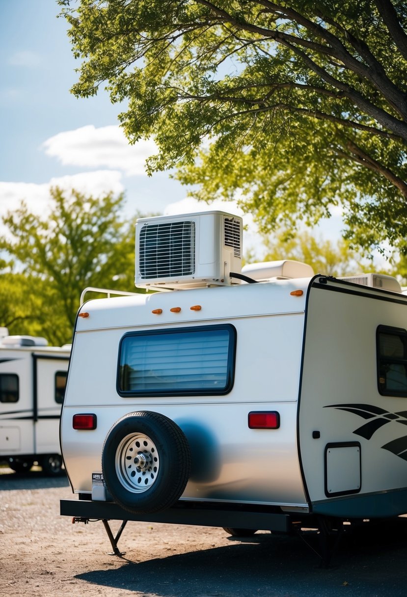 An RV parked in a sunny campground, with a 12V air conditioner mounted on the roof, surrounded by trees and other RVs