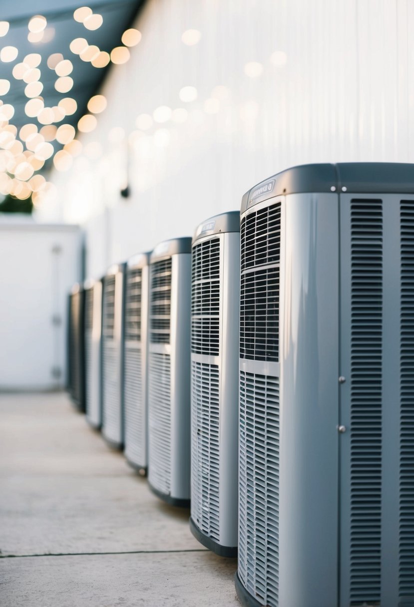 A row of 7 12V RV air conditioners lined up against a white background, each with its own unique features and design