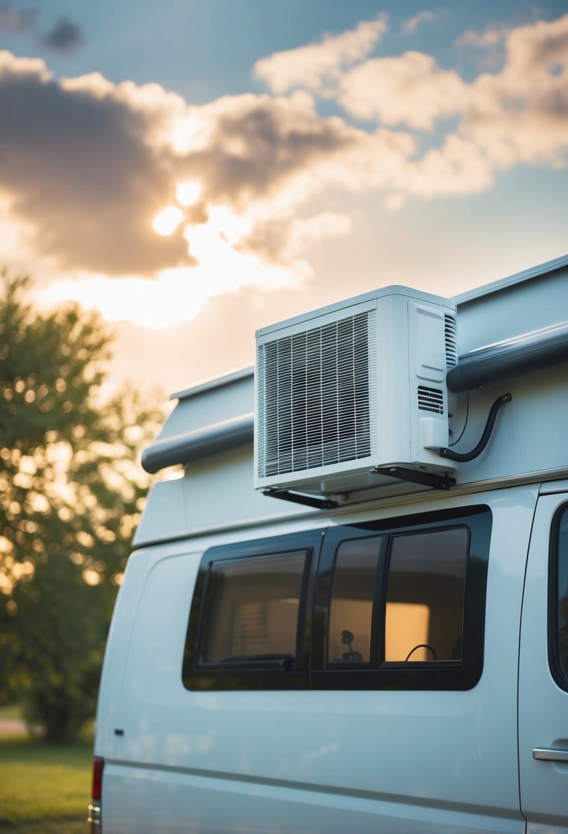 A 12V air conditioner mounted on the roof of an RV, cooling the interior while the sun beats down outside